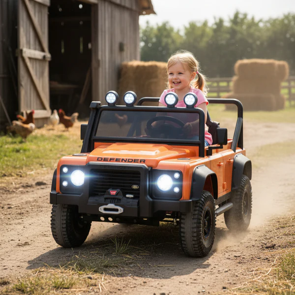 Powerful Landrover Defender 12V Ride-On | Orange Powerful Landrover Defender 12V Ride-On | Orange